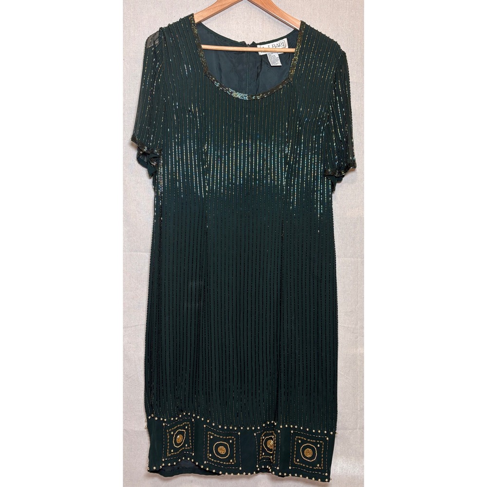 A.J. Bari‎ Vintage 100% Silk Beaded Cocktail Dress Green Gold Size 14